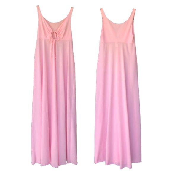 Vintage 70s Key Hole Tie Front Empire Waist Barbiecore Pink Maxi Nightgown Dress - Picture 12 of 15